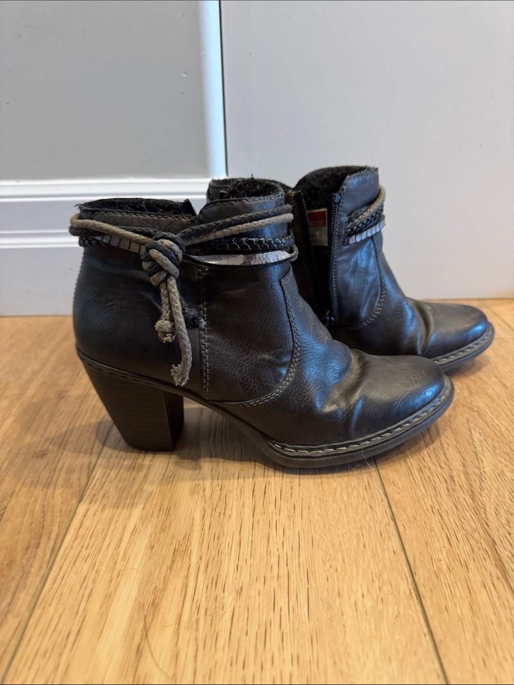 Rieker Dark Grey Leather Ankle Booties with Braided Tie - fleece lined